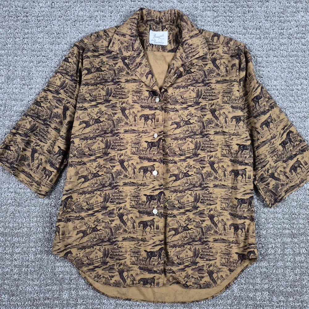 Vtg 50s Lady Marlboro Blouse Womens 12 XS Toile Horse Novelty Tammis Keefe Print